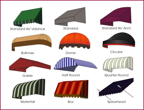 Various residential awning styles, including dome, gable, waterfall, and quarter round, in vibrant colors and designs for versatile shade solutions.